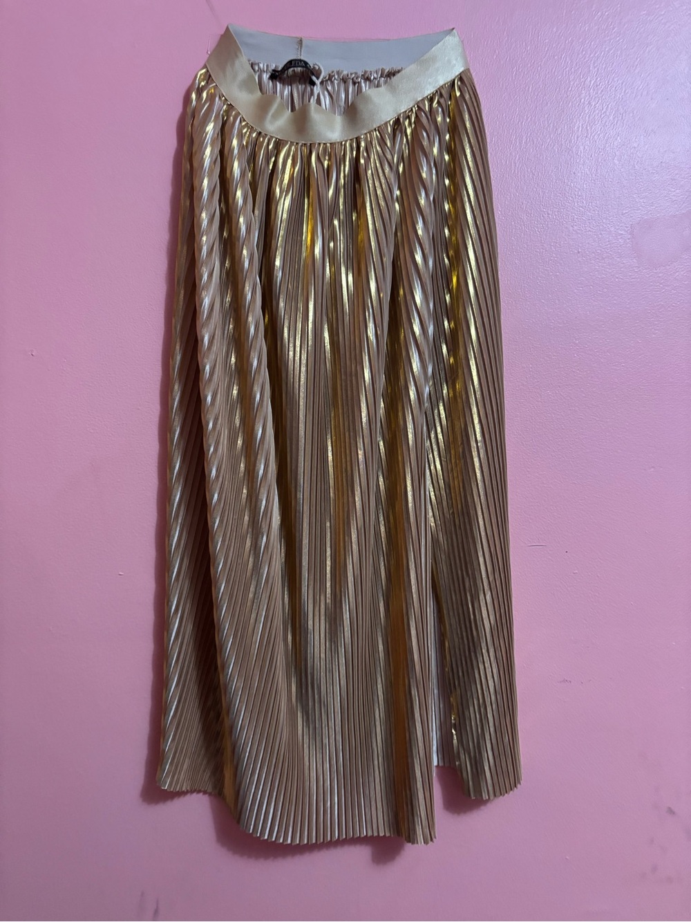 Gold Pleated Midi Skirt - Women's Metallic A-Line Skirt